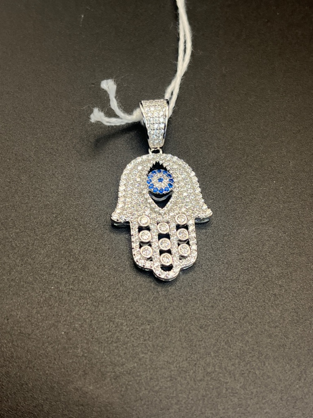 Sterling silver  rhodium plated created spinel and white CZ Hamsa Hand pendant